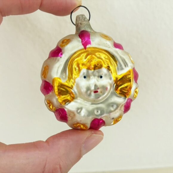 Vintage Cherub Angel Face Glass Figural Embossed Christmas Ornament Germany? - Picture 1 of 8